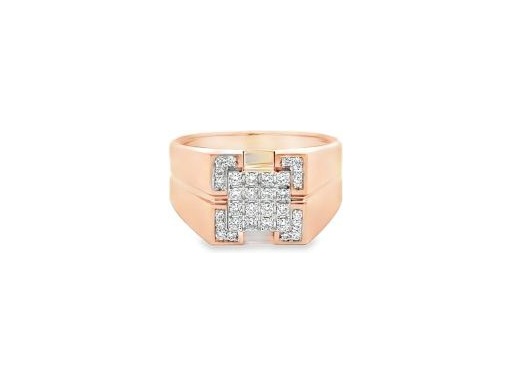 18K Rose Gold Men's Ring with Pavé-Set Natural Round Diamonds in Geometric Design